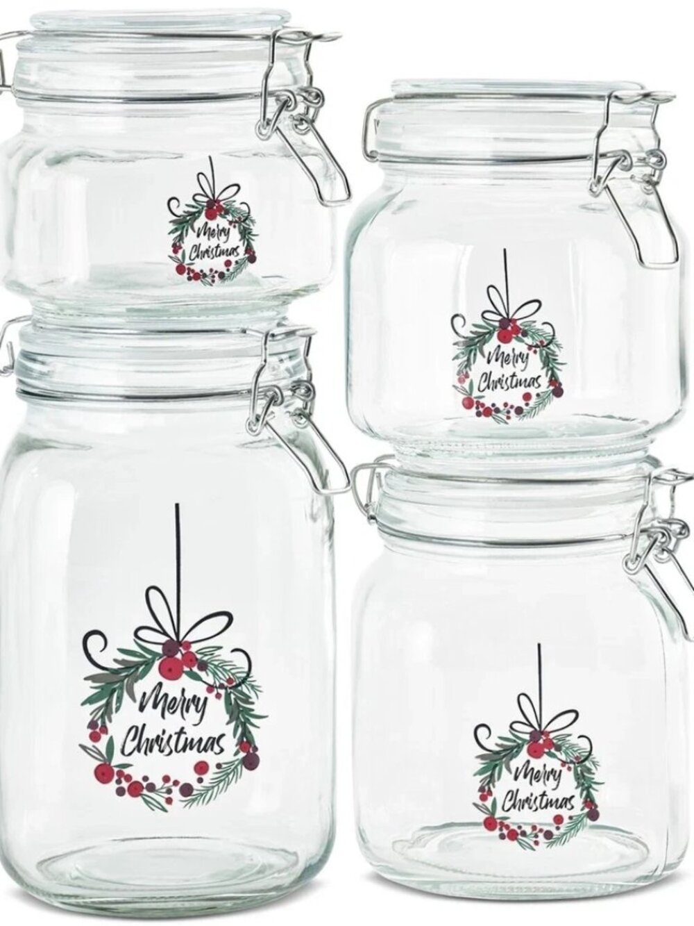 Art & Cook 4-Piece Printed Glass Canister Set Wide Mouth Clamp Lids Storage Jars